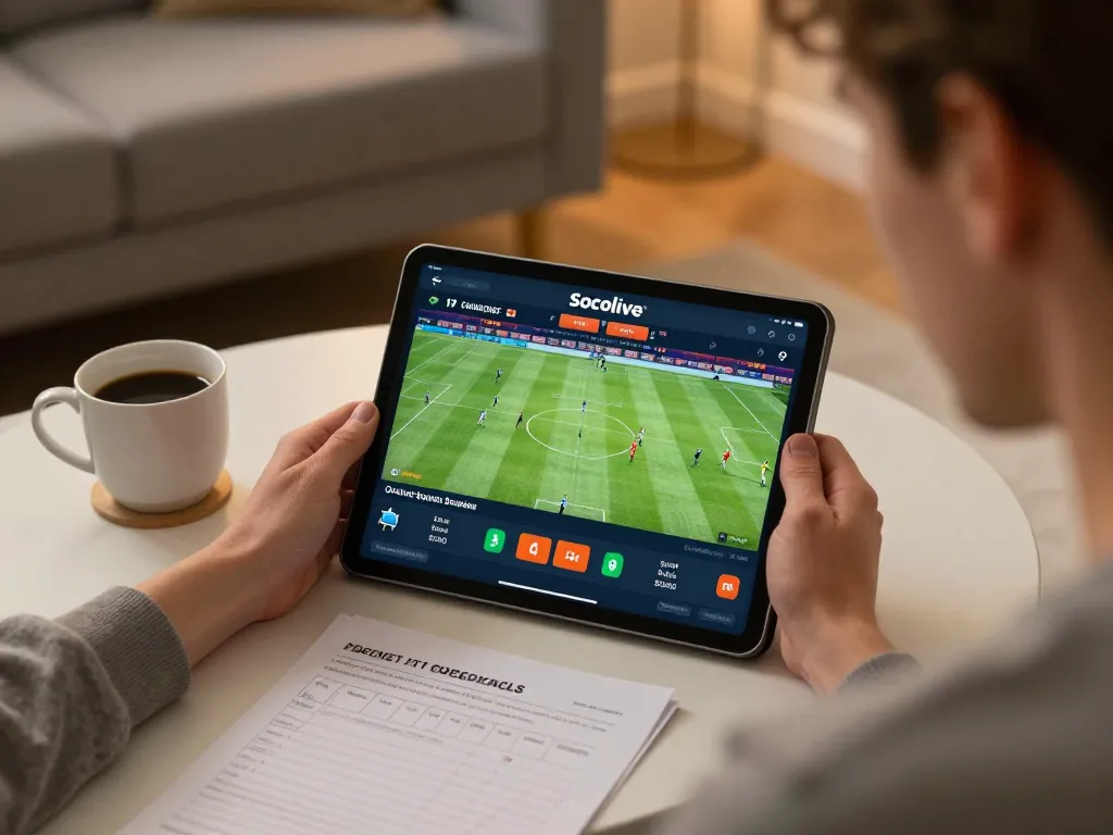 Socolive user engaging in live sports betting on a tablet during an exciting football match.