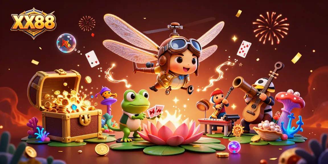 Experience thrilling gameplay at XX88 with a vibrant scene of a dragonfly pilot and frog croupier in an eclectic casino.