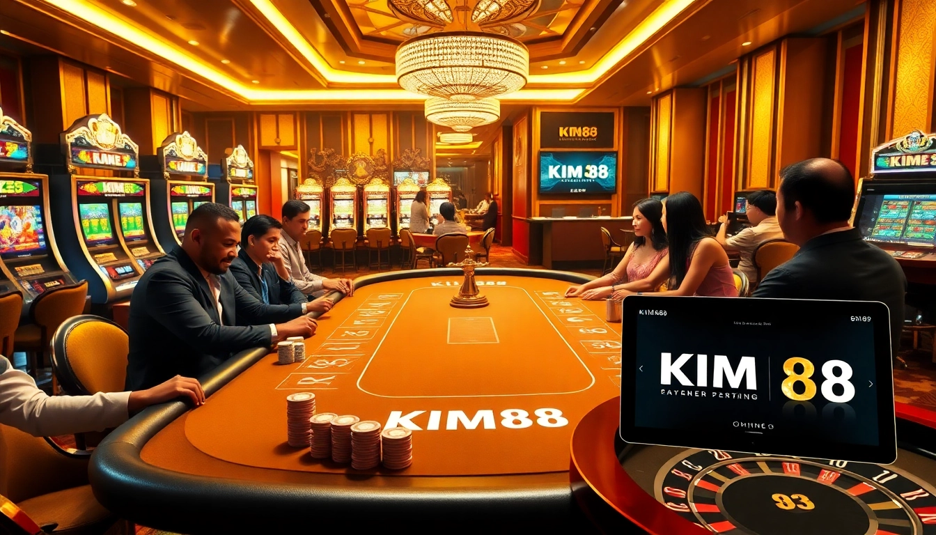 KIM88 casino scene with elegant poker table and vibrant slot machines for an exciting gaming experience.