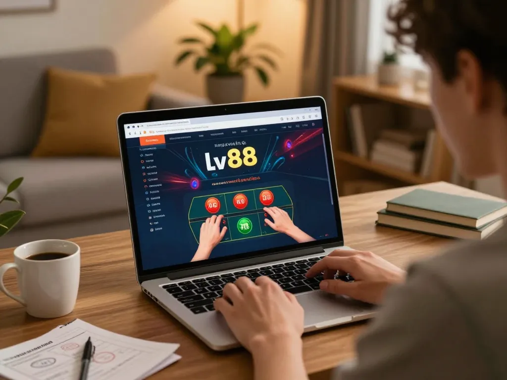 Engaging with the popular trang chủ lv88 online casino platform on a laptop, showcasing strategic gameplay.