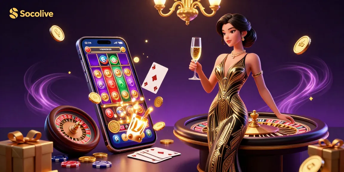 Socolive enhances sports betting excitement with a glamorous woman, vibrant games, and rich visuals.