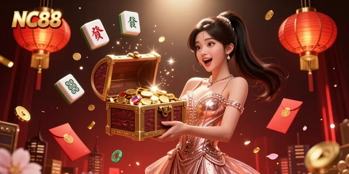 Experience the thrill of NC88 as a joyful Asian woman presents a treasure chest filled with riches.