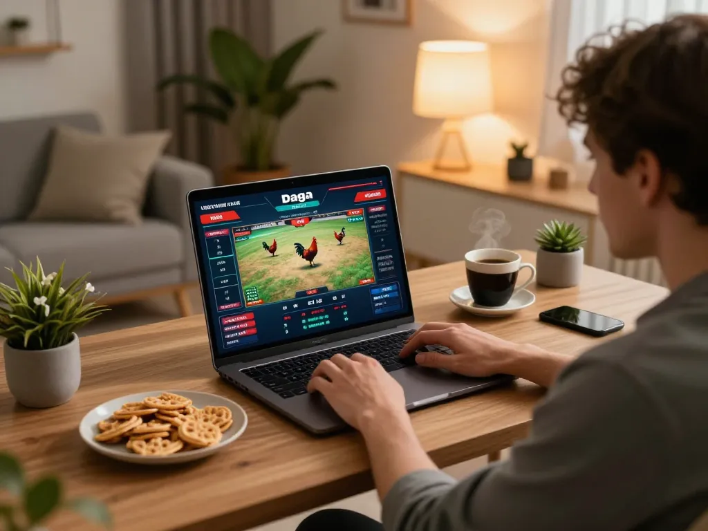 Daga live gaming setup showcasing an engaging online rooster fight experience in a cozy environment.