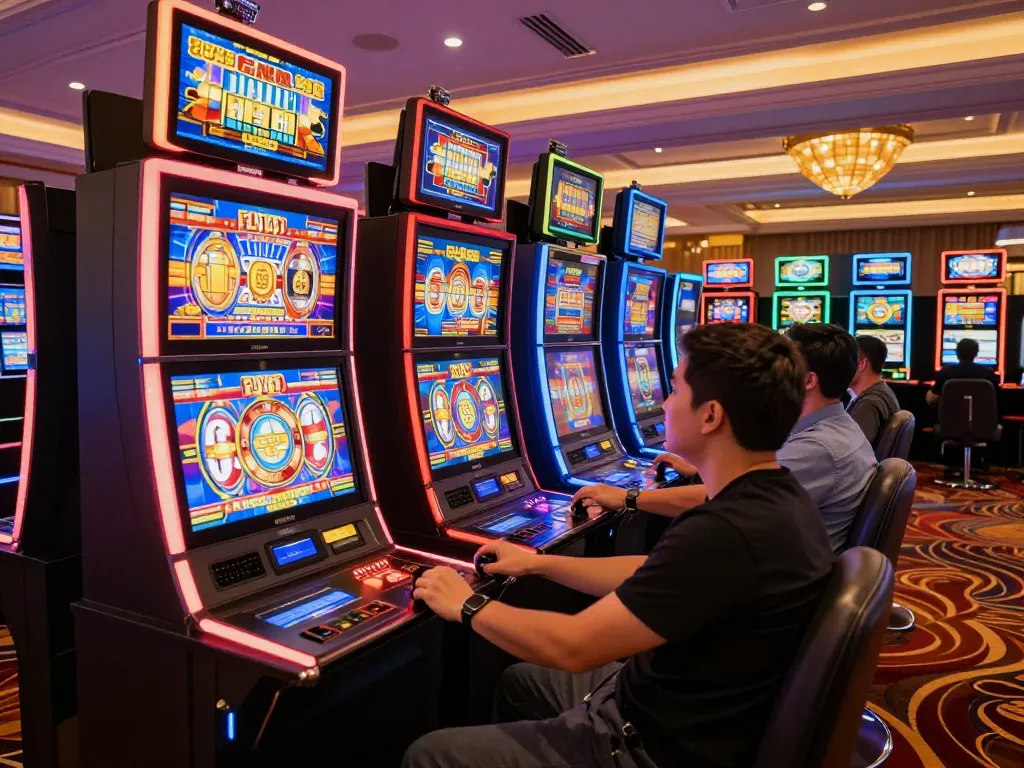 FLY88 slot machines spinning and players engaged in thrilling action on the casino floor