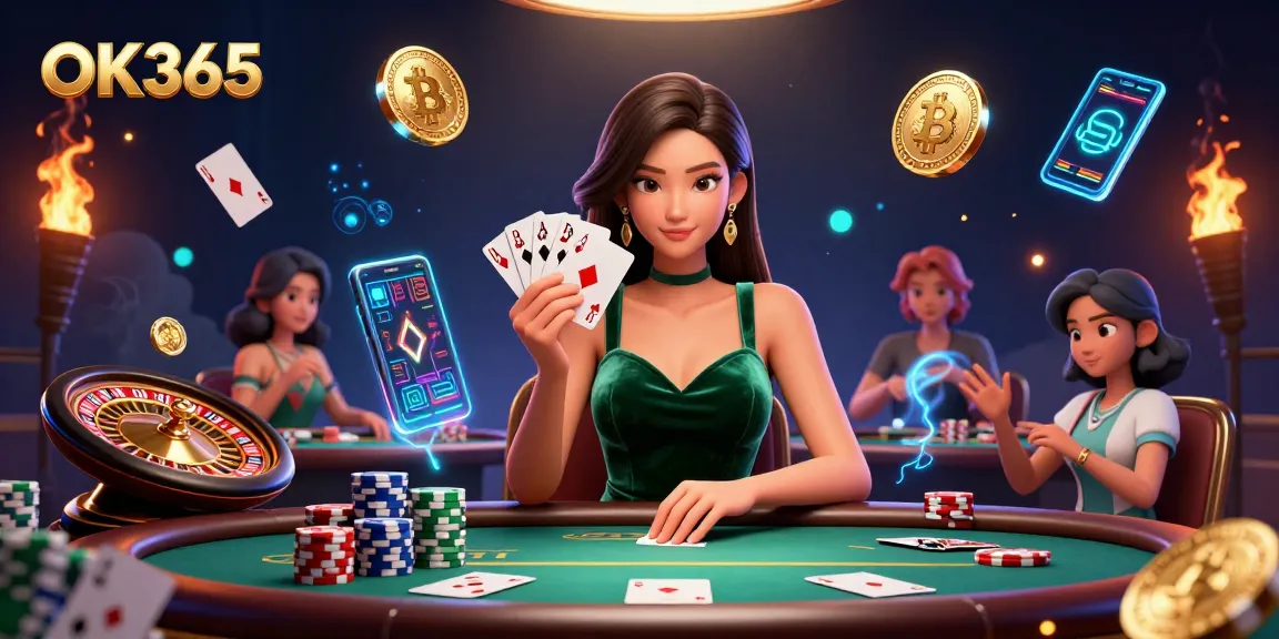 Win big at OK365 with a stunning Asian woman playing poker amidst Bitcoin and Ethereum coins.