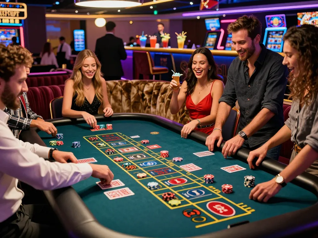 Friends celebrating at a rikbet roulette table in a lively casino environment