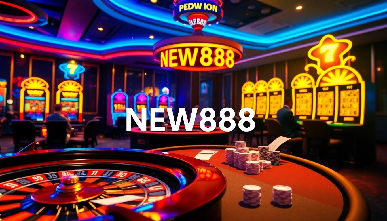 Experience the thrill of NEW888 with a lively casino scene featuring roulette, poker, and vibrant gaming atmosphere.