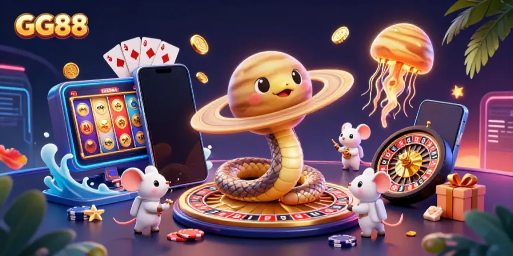 Experience the vibrant cosmic gaming scene with GG88 featuring a roulette wheel, slot game graphics, and playful betting mice.