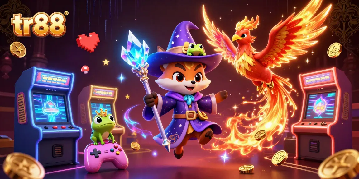 Engage with tr88’s enchanting graphic where a wizard fox and phoenix interact amidst vibrant gaming elements.