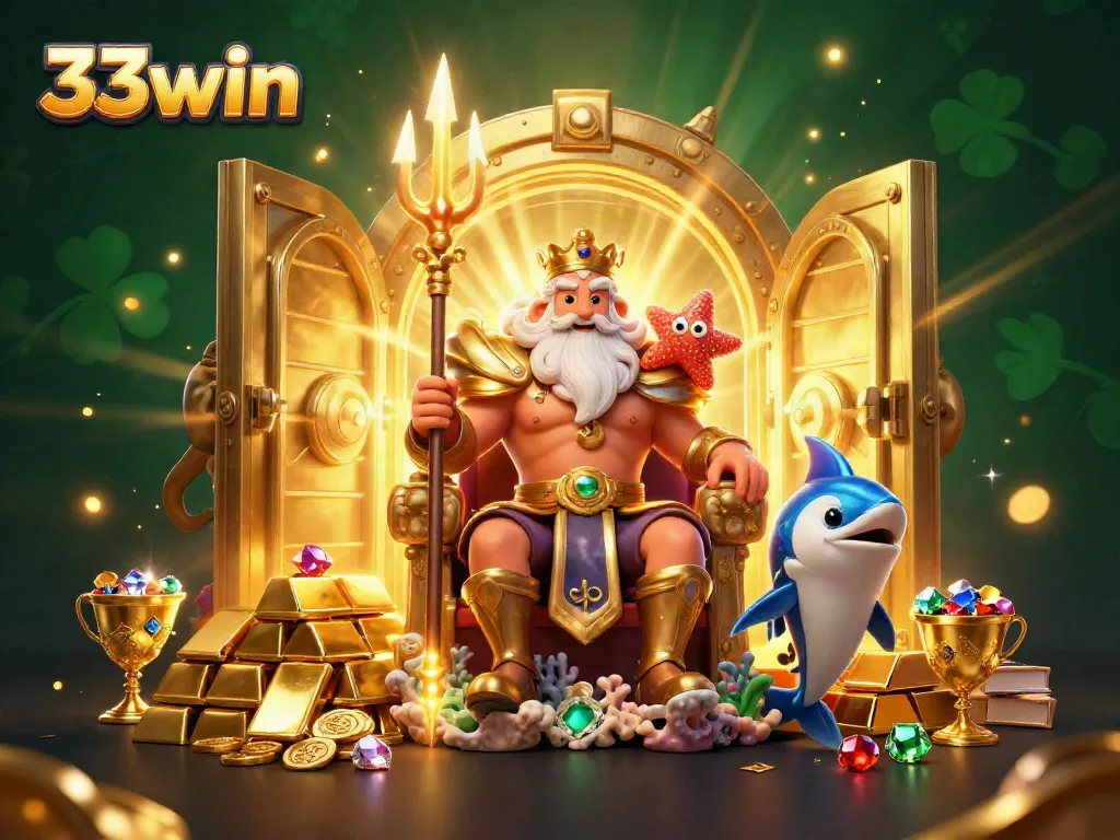 33win showcases an exciting casino scene with Neptune, treasures, and gems bursting with winning potential.