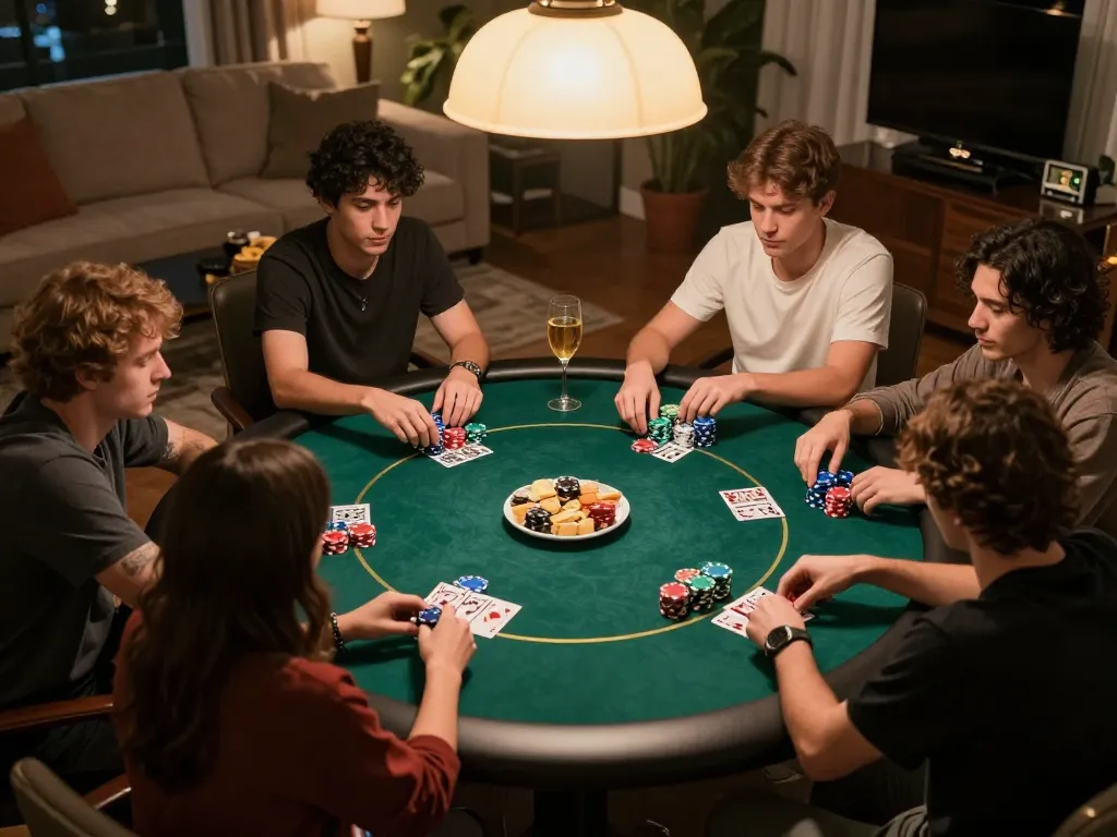 KJC players enjoying a competitive Texas Hold'em game at home with vibrant chips and drinks.