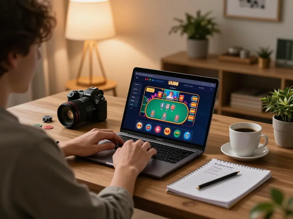 Engaging with UU88 online casino on a laptop at home, showcasing a cozy gaming atmosphere and strategy notes.