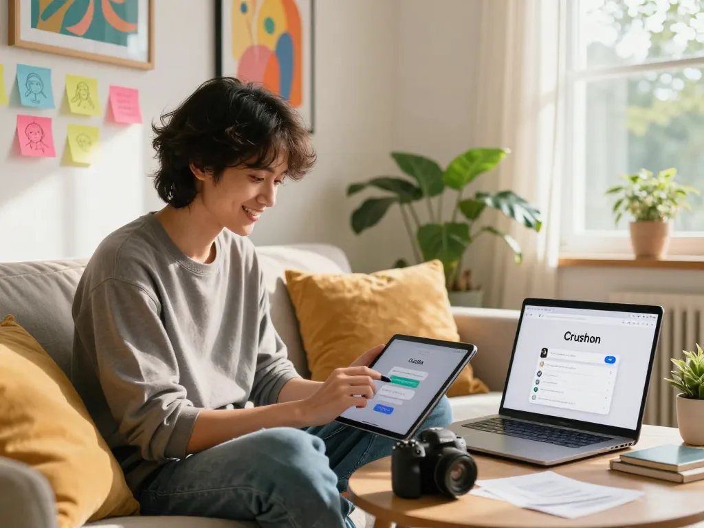 Casual user enjoying Crushon AI chatbot on tablet in a cozy, well-lit room.
