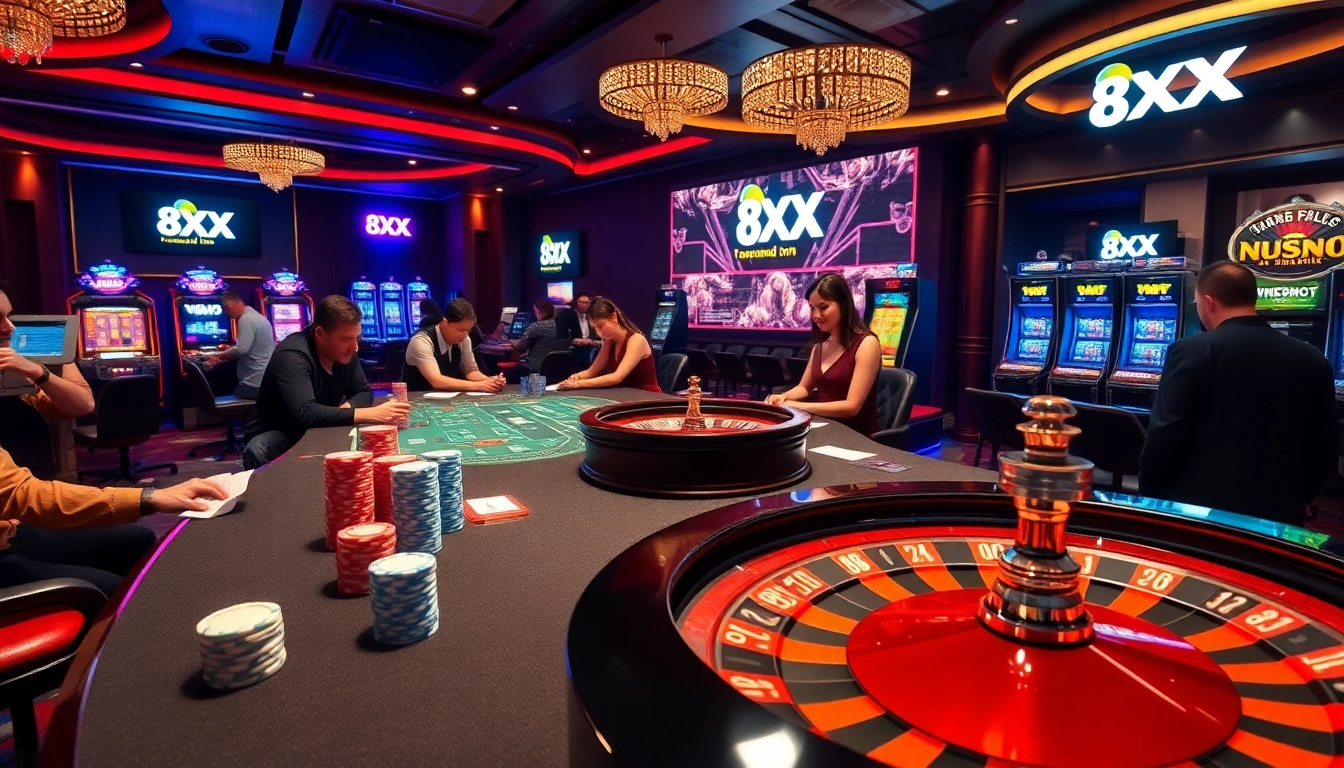 Players enjoying an engaging gambling experience at nhà cái 8XX with vibrant casino tables and digital interfaces.