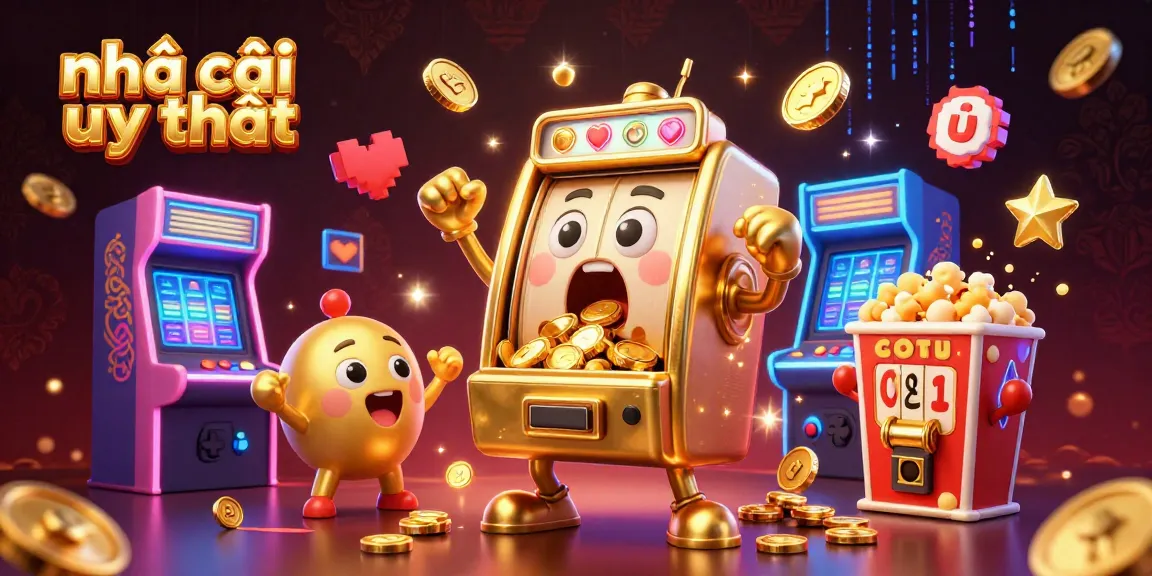 Experience the excitement of nhà cái uy tín with a golden slot machine celebrating a jackpot, amidst vibrant casino elements.