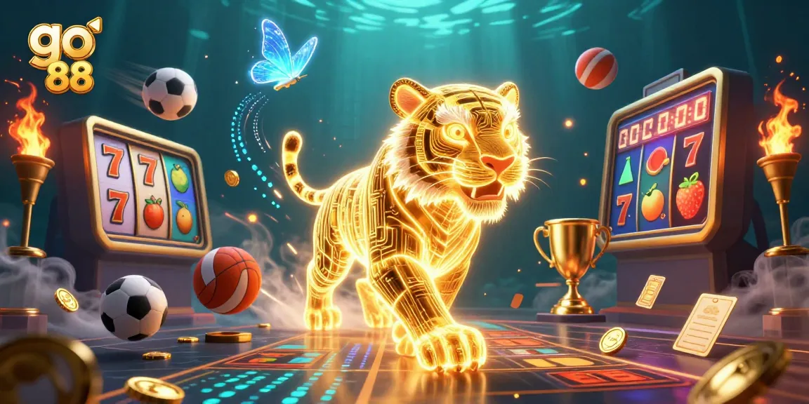 Experience the thrill of go 88 with a golden tiger in a dynamic casino scene filled with excitement.