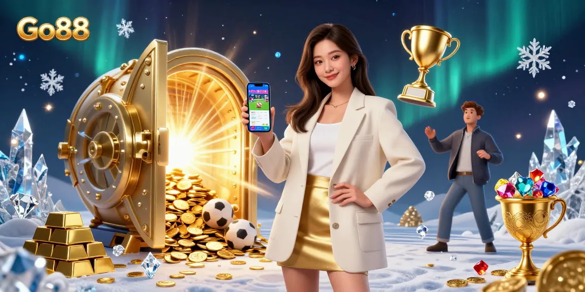 Go88 offers exciting sports betting illustrated by a friendly Asian woman with a smartphone in a vibrant casino scene.