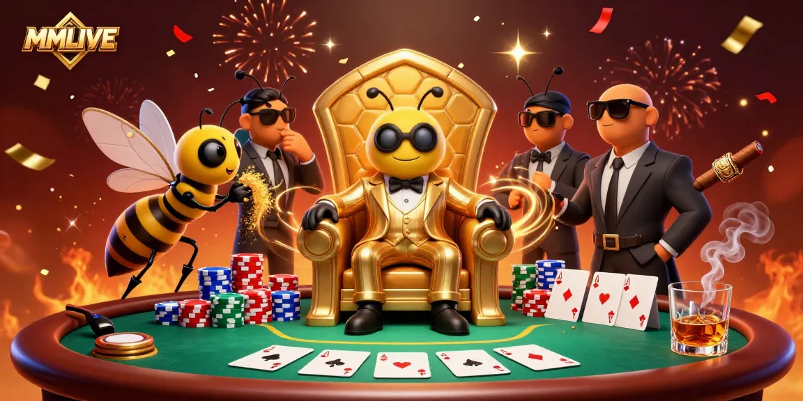 Engage with MMLIVE's vibrant live stream world, where a bumblebee mob boss commands the scene at a lively poker table.