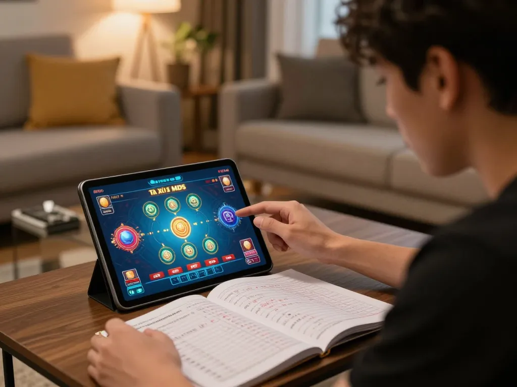 Player analyzing Tài Xỉu MD5 game on tablet while strategizing bets at home