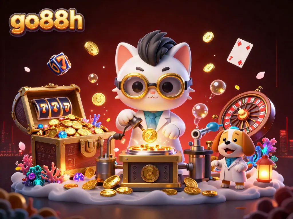 Engage with go88h's thrilling casino action featuring a 3D mad scientist cat and dog amidst dynamic gambling elements.