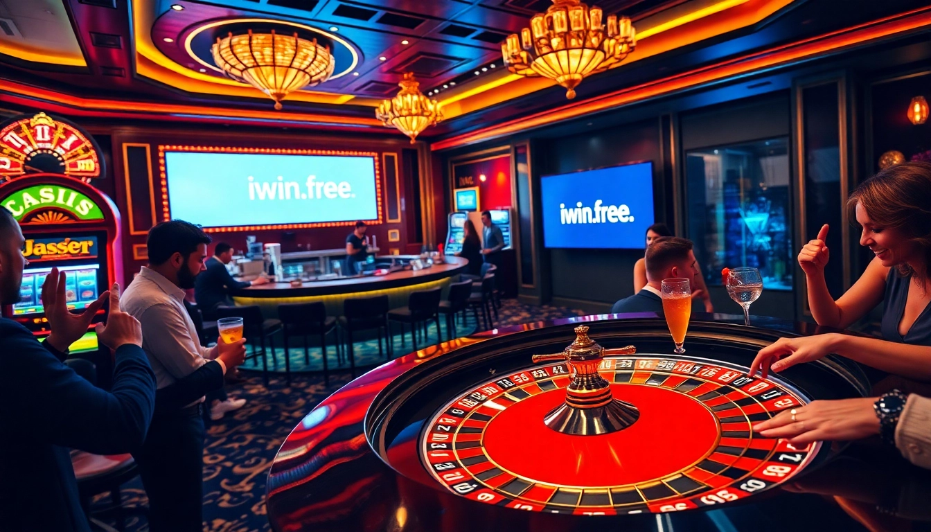 Experience the thrill of iwin.free at a radiant casino scene showcasing high stakes and excitement.
