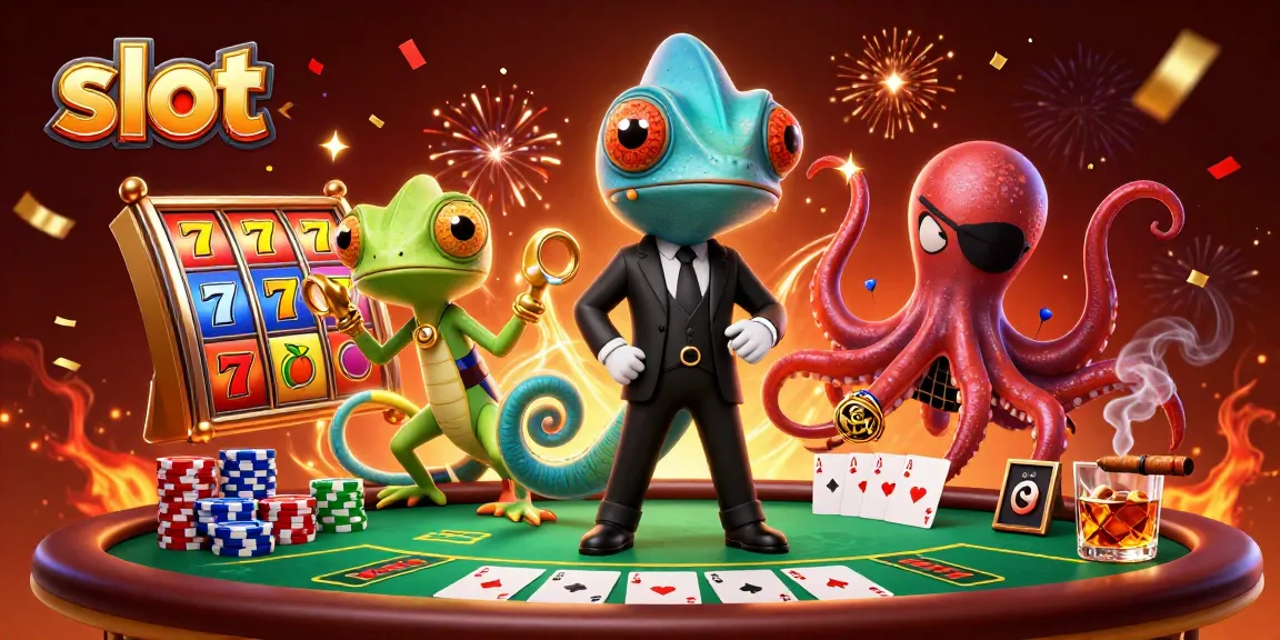 Spin the reels with the slot-themed illustrated scene showcasing vibrant characters and rich casino elements.