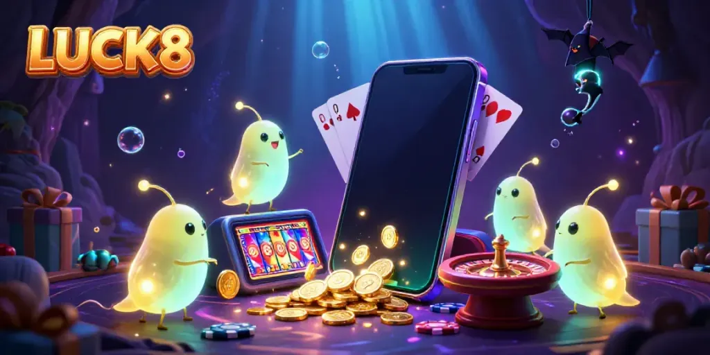 Experience the excitement of slots with LUCK8 in a vibrant cave casino illuminated by glowworms.