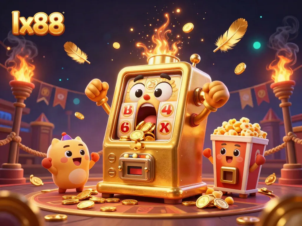 Watch the lx88 slot machine hitting a jackpot as coins fly out, creating an exciting gaming atmosphere.