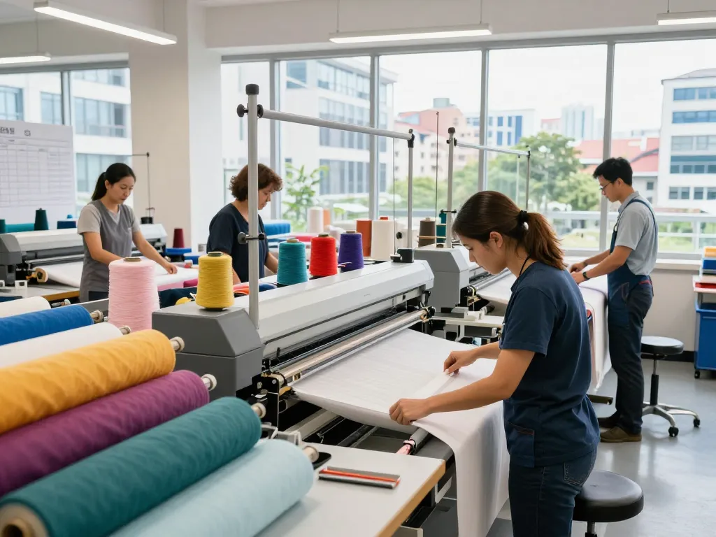 Sunwin textile manufacturing scene with skilled workers producing quality fabrics in a bright industrial workspace.