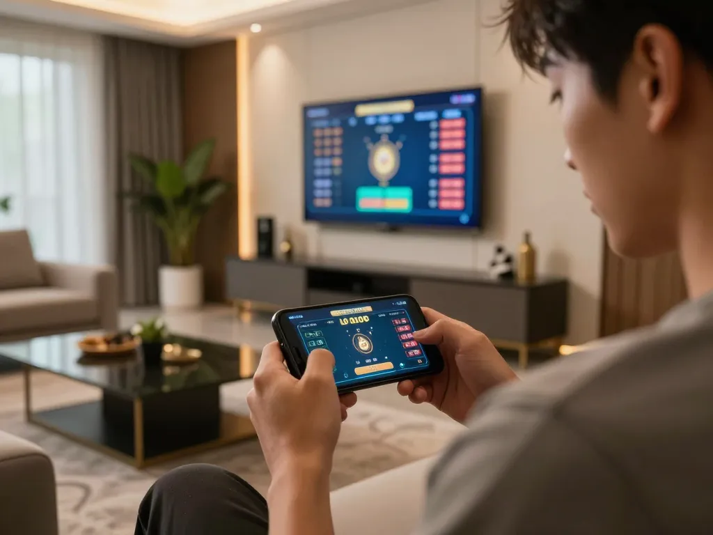 Engaging in lô đề online gameplay on a smartphone in a modern living room.