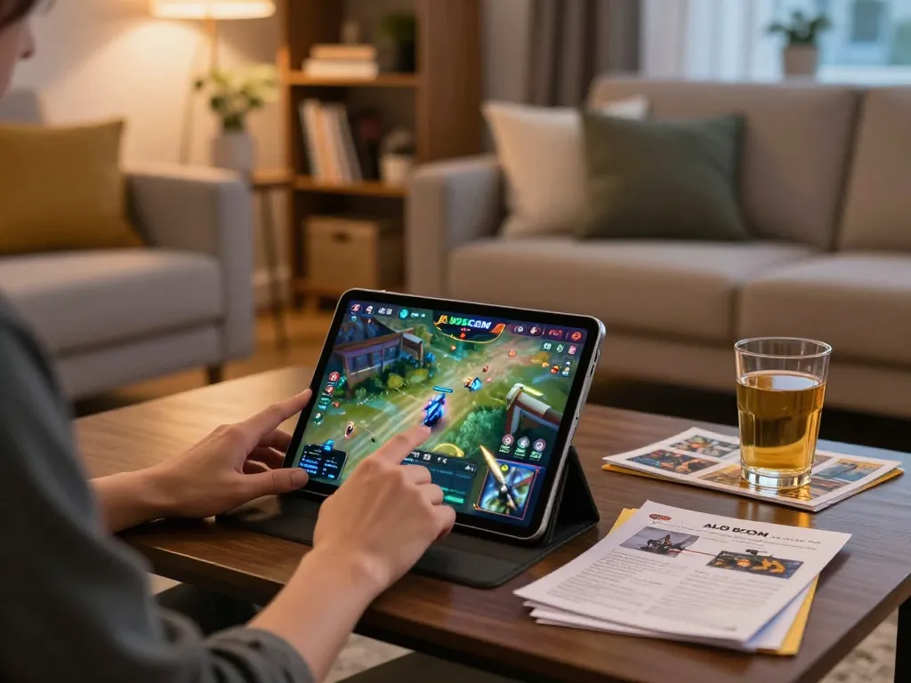 Person enjoying ALO8 COM mobile gaming from a cozy living room setup, focused on gameplay strategy.