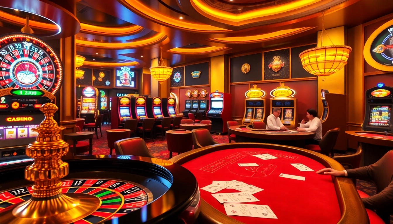 Experience the thrill of gambling at tylenhacai7.com with a vibrant casino scene showcasing poker, roulette, and slot machines.