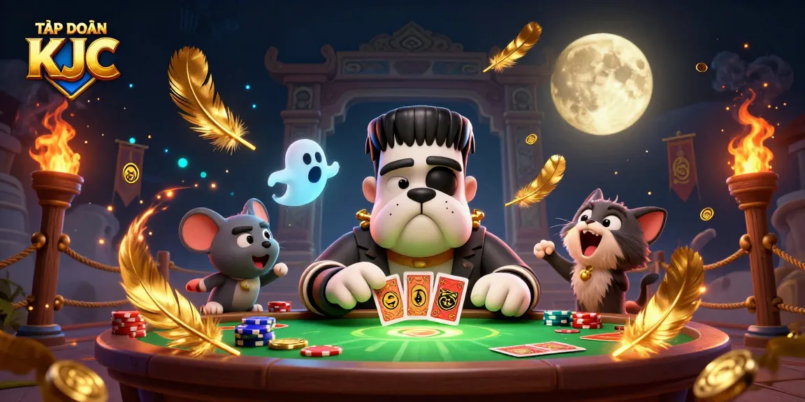 Experience the thrill at TẬP ĐOÀN KJC with a lively casino scene featuring unique characters and gold elements.