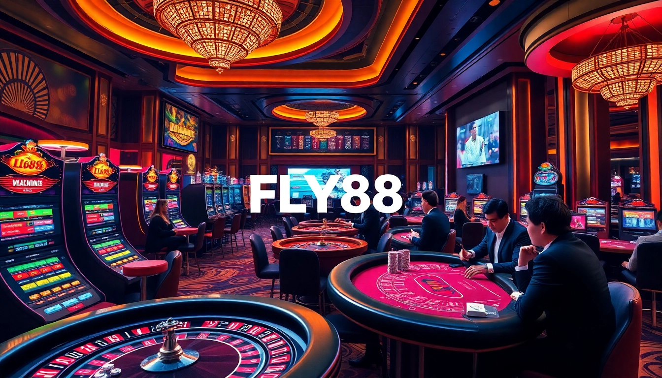 Experience the excitement of FLY88 with vibrant casino action featuring roulette wheels and poker games.