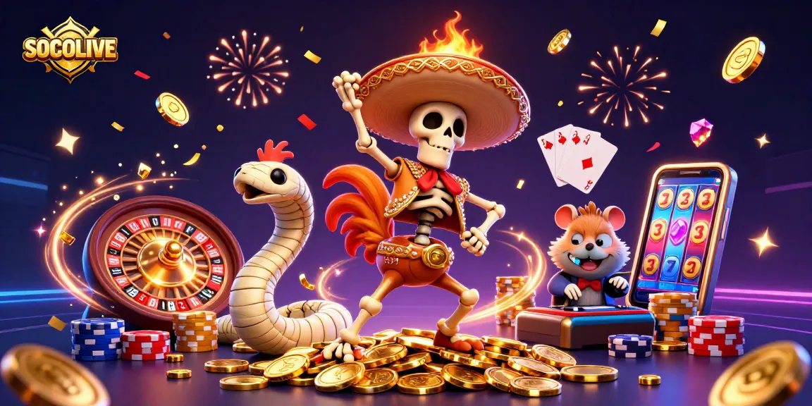 SOCOLIVE showcases a festive victory dance with characters celebrating amidst cascading coins and energetic casino elements.