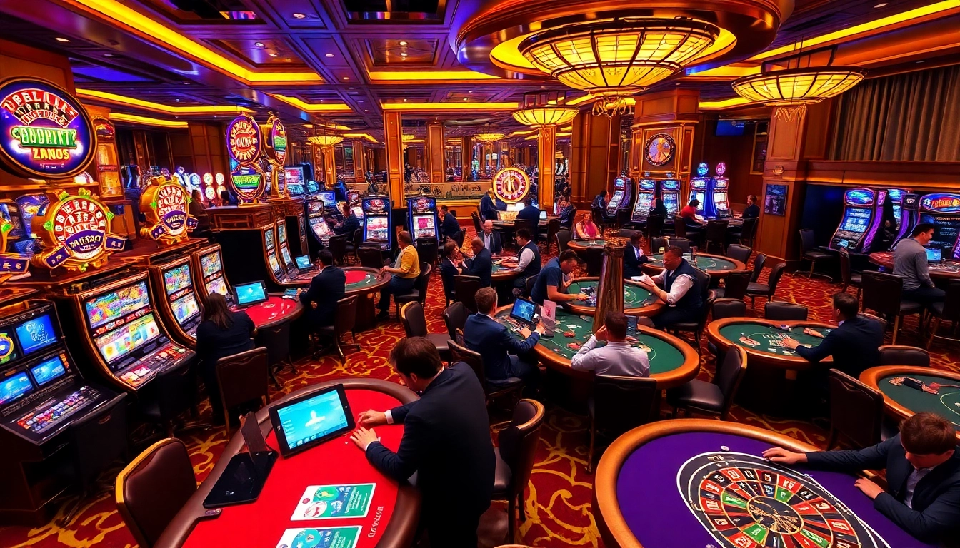Players enjoying high-stakes gaming at 789p casino, surrounded by vibrant slot machines and poker tables.