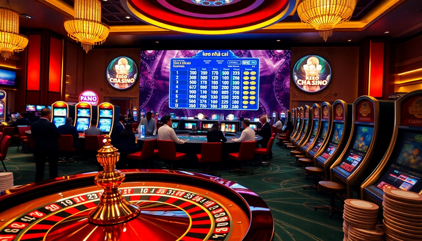 Exciting keo nha cai betting scene in a luxurious casino with roulette and poker elements.