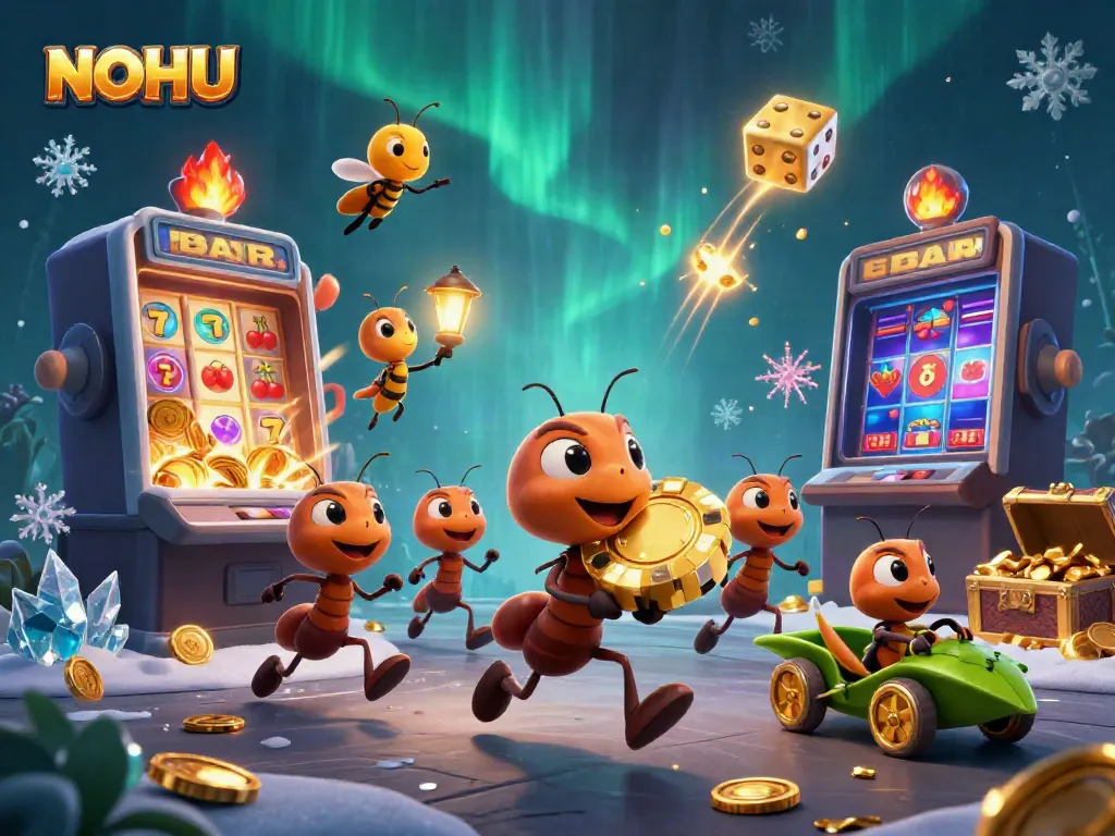 Engaging scene of NOHU with cartoon ants carrying a giant poker chip amid a casino jackpot explosion.