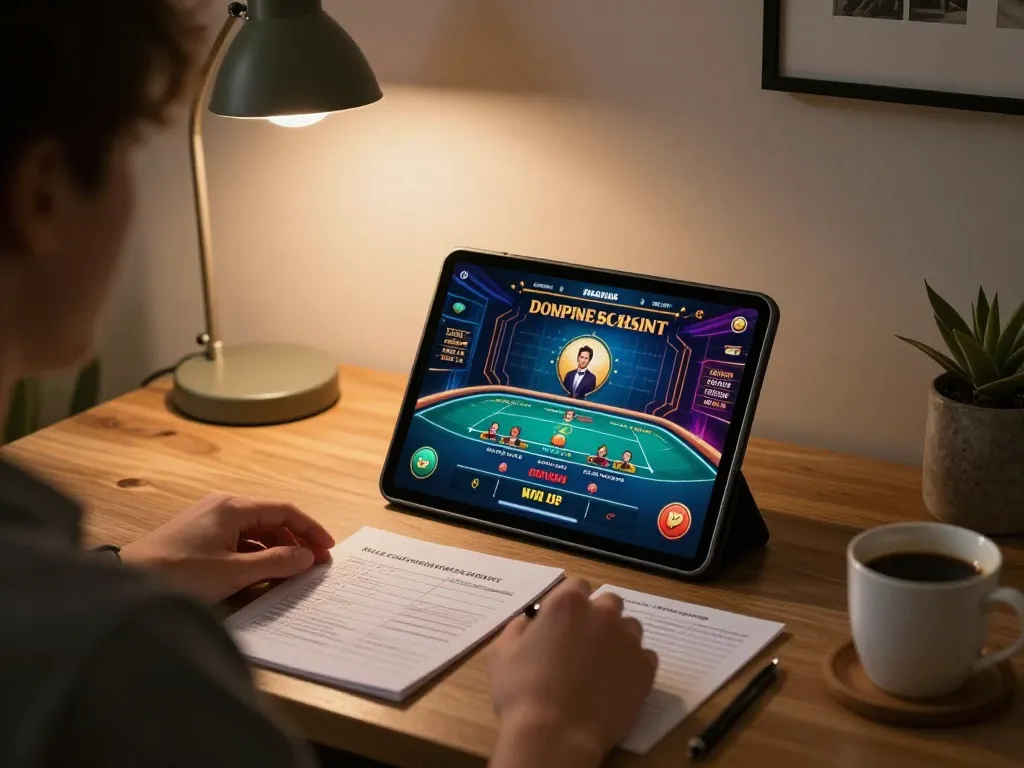 Engaging gaming session at Nhà cái 33WIN, showing online casino tablet gameplay and strategy notes