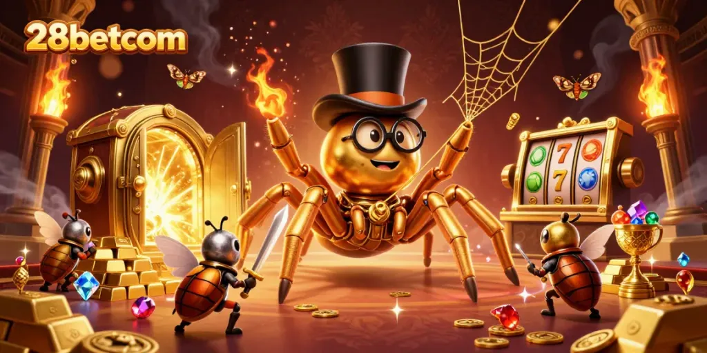 Engage in thrilling casino action with 28betcom's immersive 3D scene featuring unique characters.