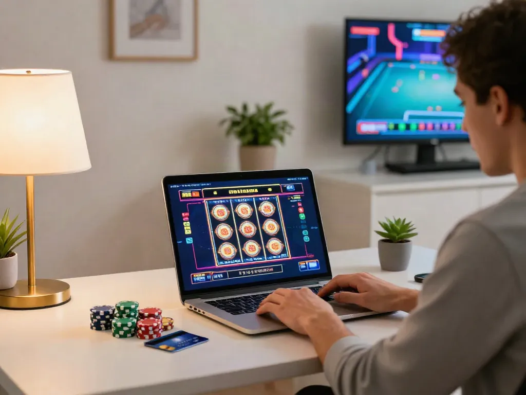 Player enjoying credit card casino sites at home with vibrant video slots and casino chips