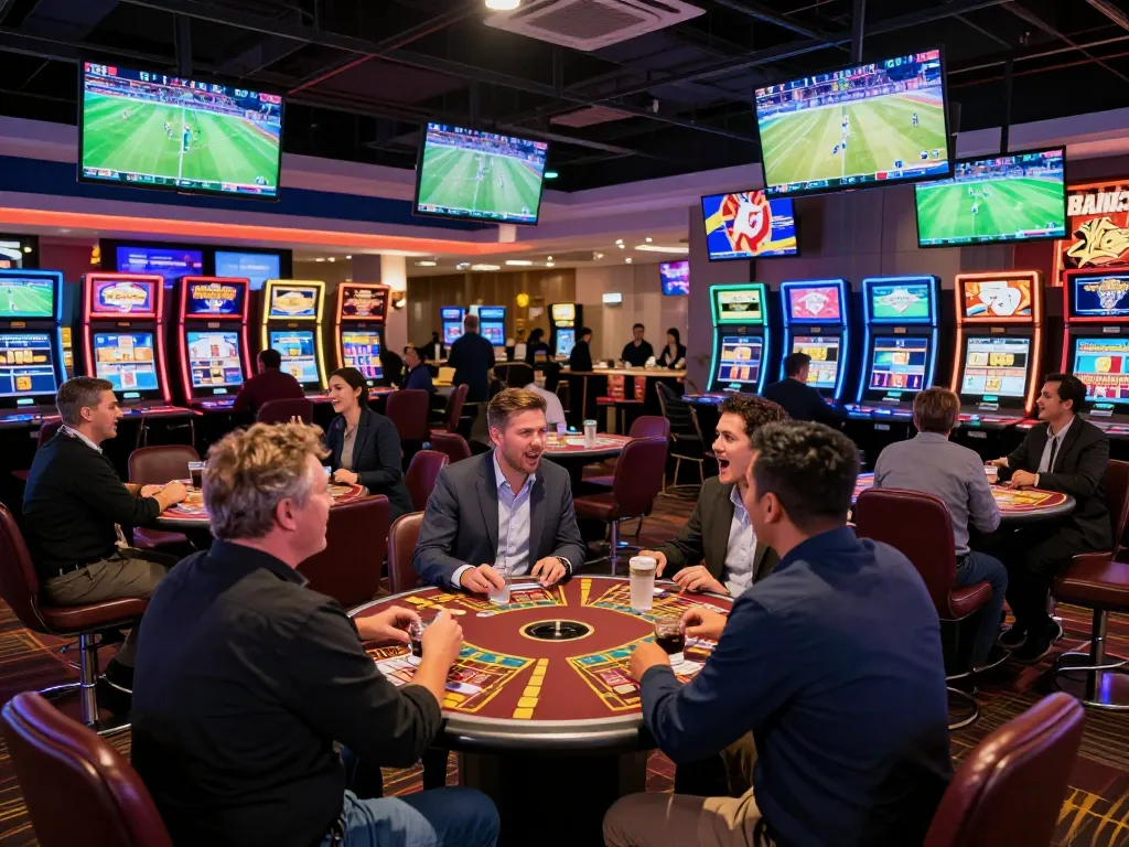 Patrons engaging in sports betting excitement at BL555 with live events on display.