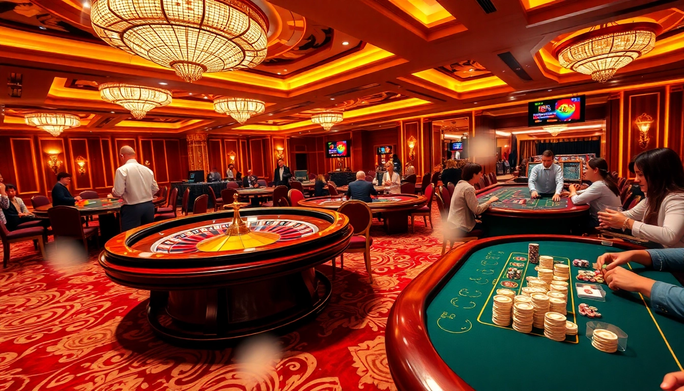 KJC casino scene showcasing players enjoying high-stakes poker at luxurious tables.
