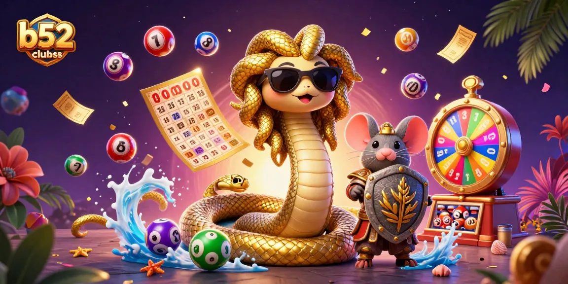 Experience excitement at b52clubss with a lively cartoon scene featuring Medusa and a warrior mouse, amidst colorful lottery games.