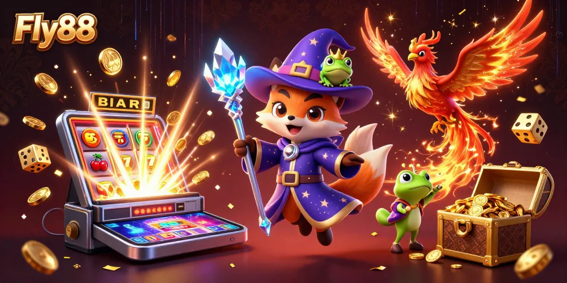 Win big at Fly88 with vibrant 3D casino illustration showcasing exciting game actions and jackpots.