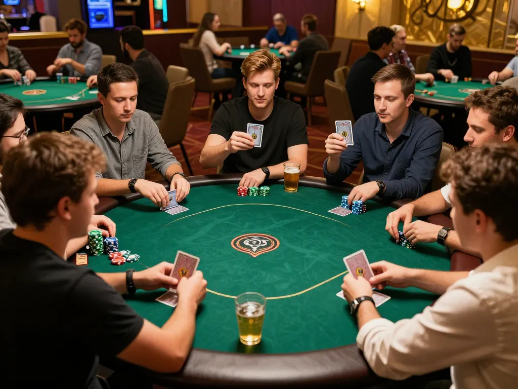 Players strategizing in an AX88 game poker session with chips and cards in action.