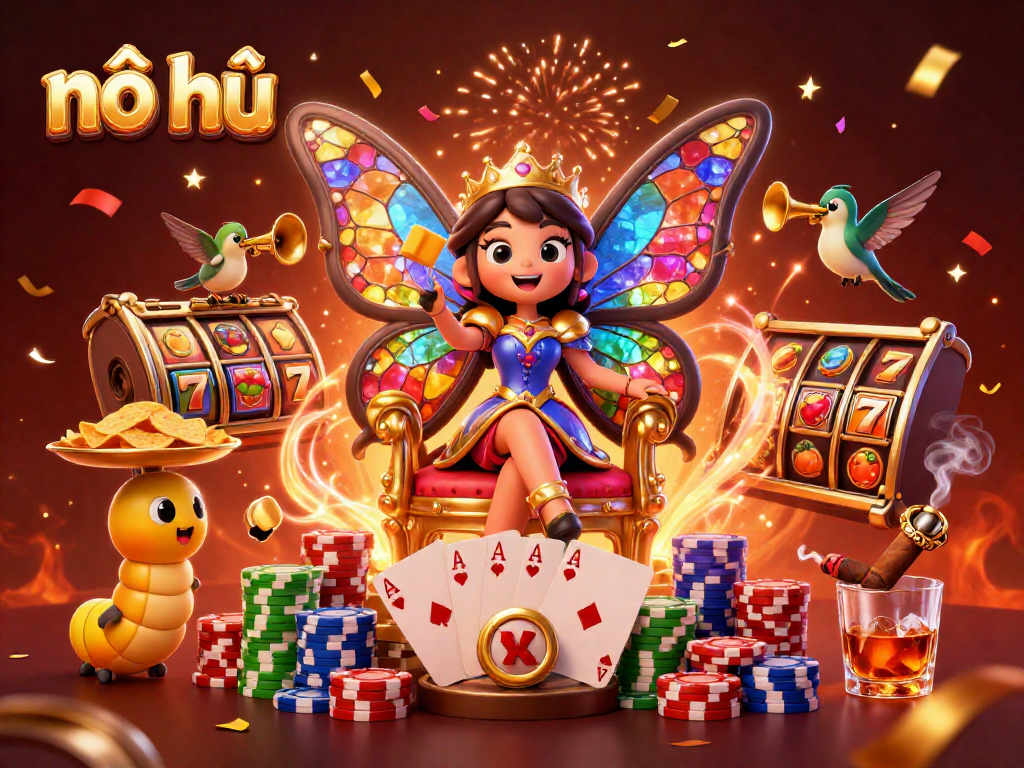 Experience top-tier nổ hũ gaming with vibrant slot elements and dazzling characters in a celebratory casino scene.