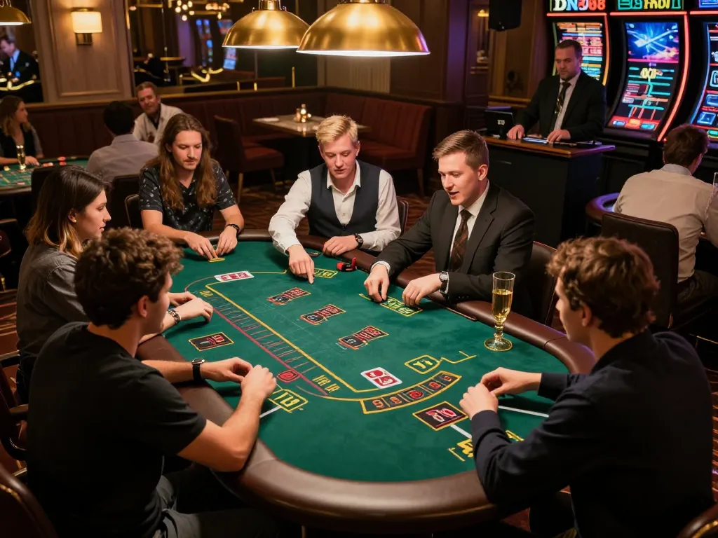 Dynamic game moment at DN 88 blackjack table, players focused on cards, inviting casino atmosphere.