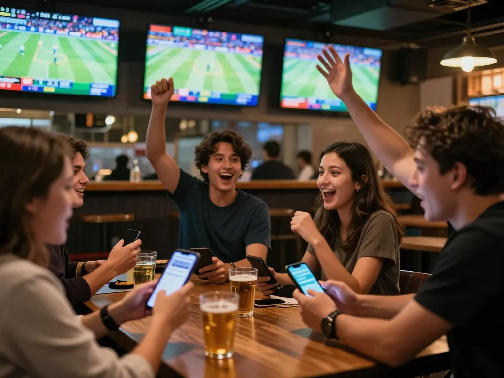 Okwintv users engaging in live sports betting excitement at a vibrant bar atmosphere.
