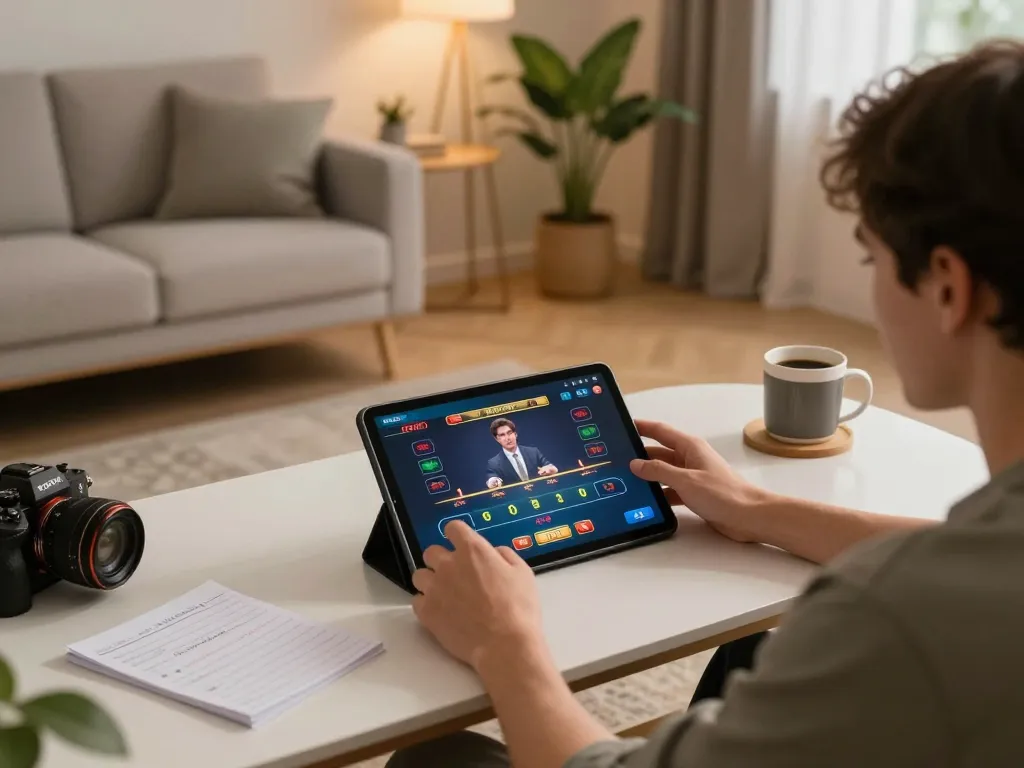 good88 player engaging in live dealer game on tablet at home, showcasing strategic betting in comfortable setting